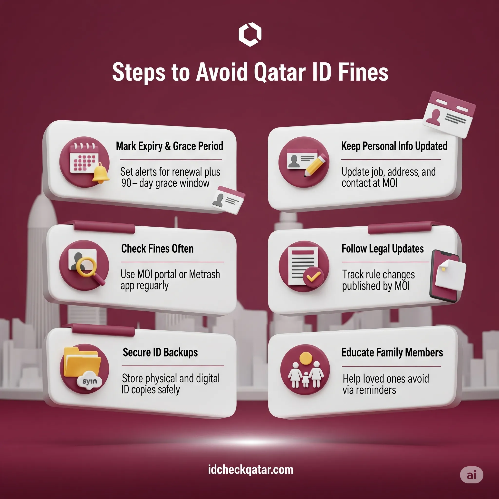 Check Qatar ID Fine Online 2025 - How to Do It 17 Checklist-style image with tips to avoid Qatar ID fines through reminders, updates, and compliance