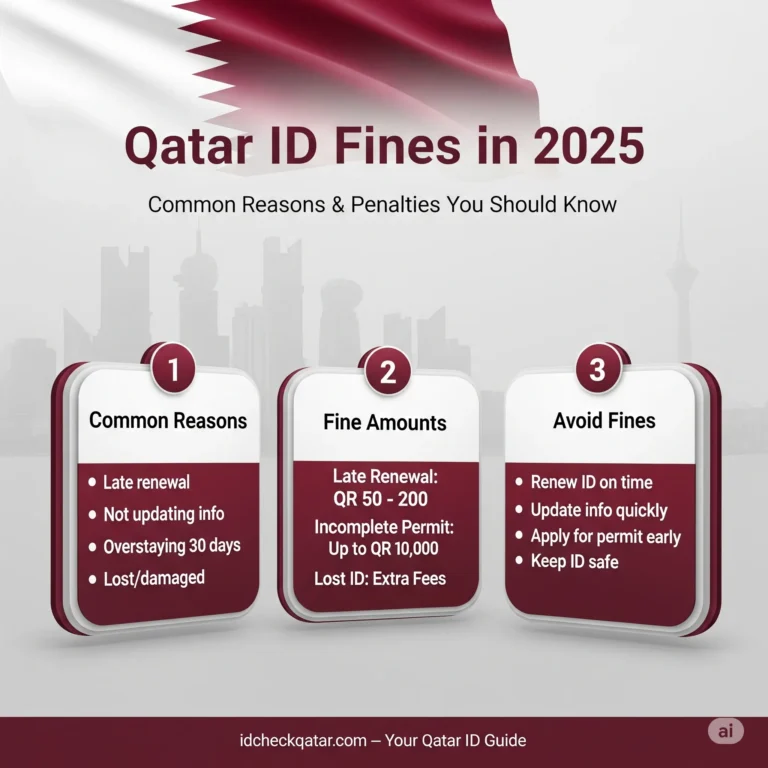 Check Qatar ID Fine Online 2025 - How to Do It 2 Infographic explaining types, reasons, and penalties for Qatar ID fines in 2025