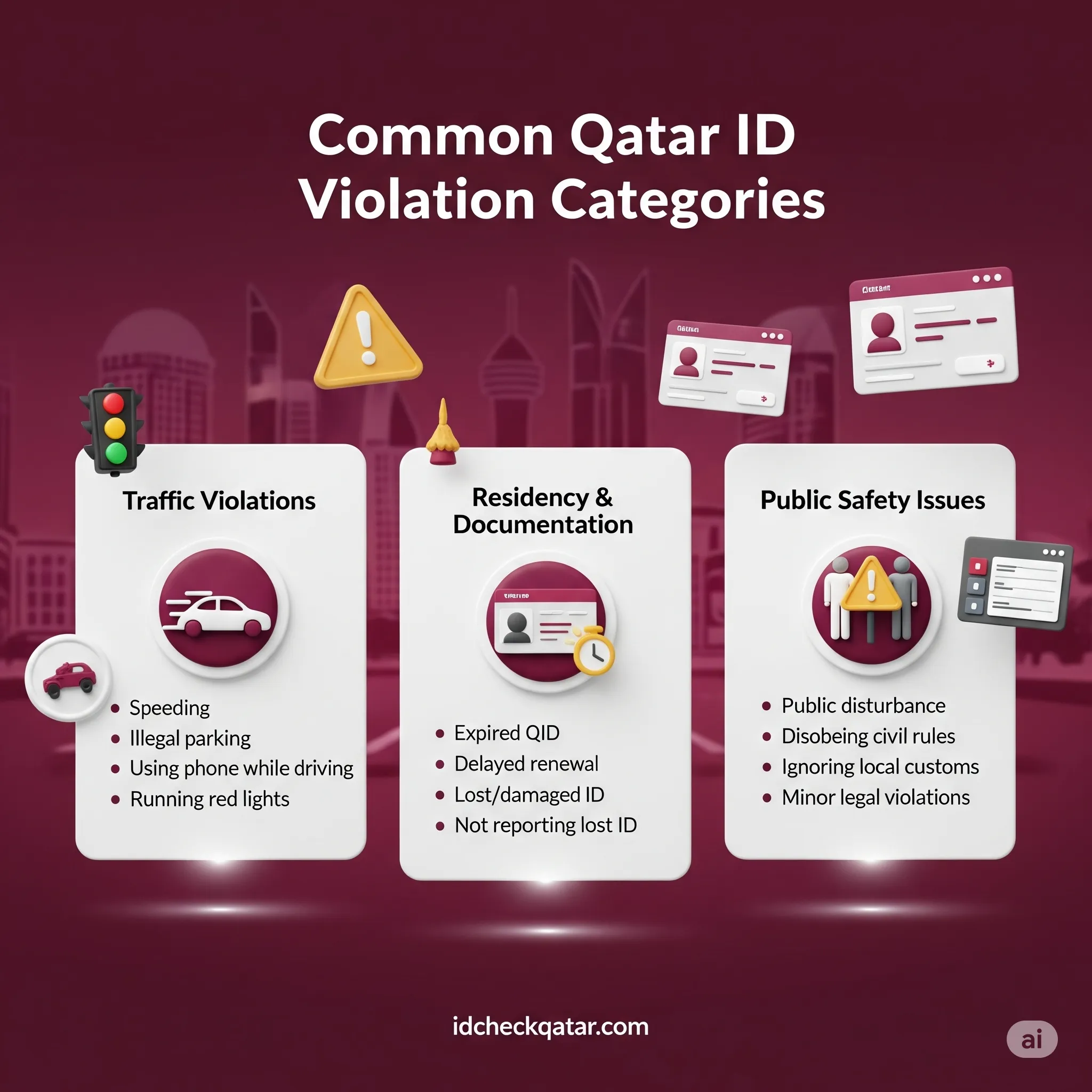 Check Qatar ID Fine Online 2025 - How to Do It 16 Infographic showing categories of Qatar ID fines including traffic, residency, and public violations