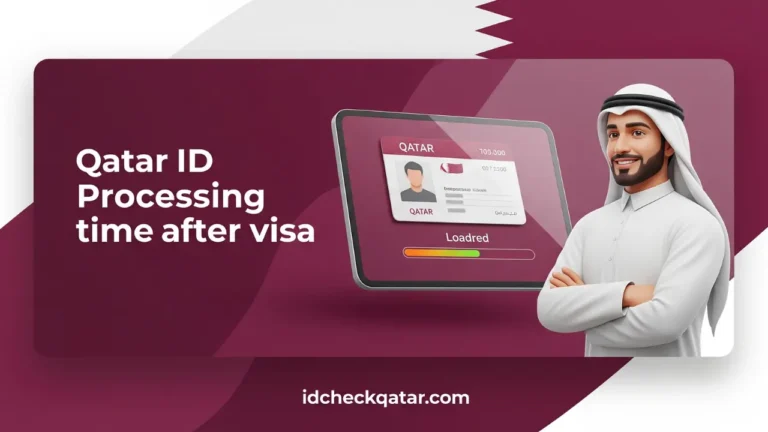 Arab man in traditional Qatari attire viewing a digital Qatar ID with a progress bar, symbolizing Qatar ID processing time after visa entry