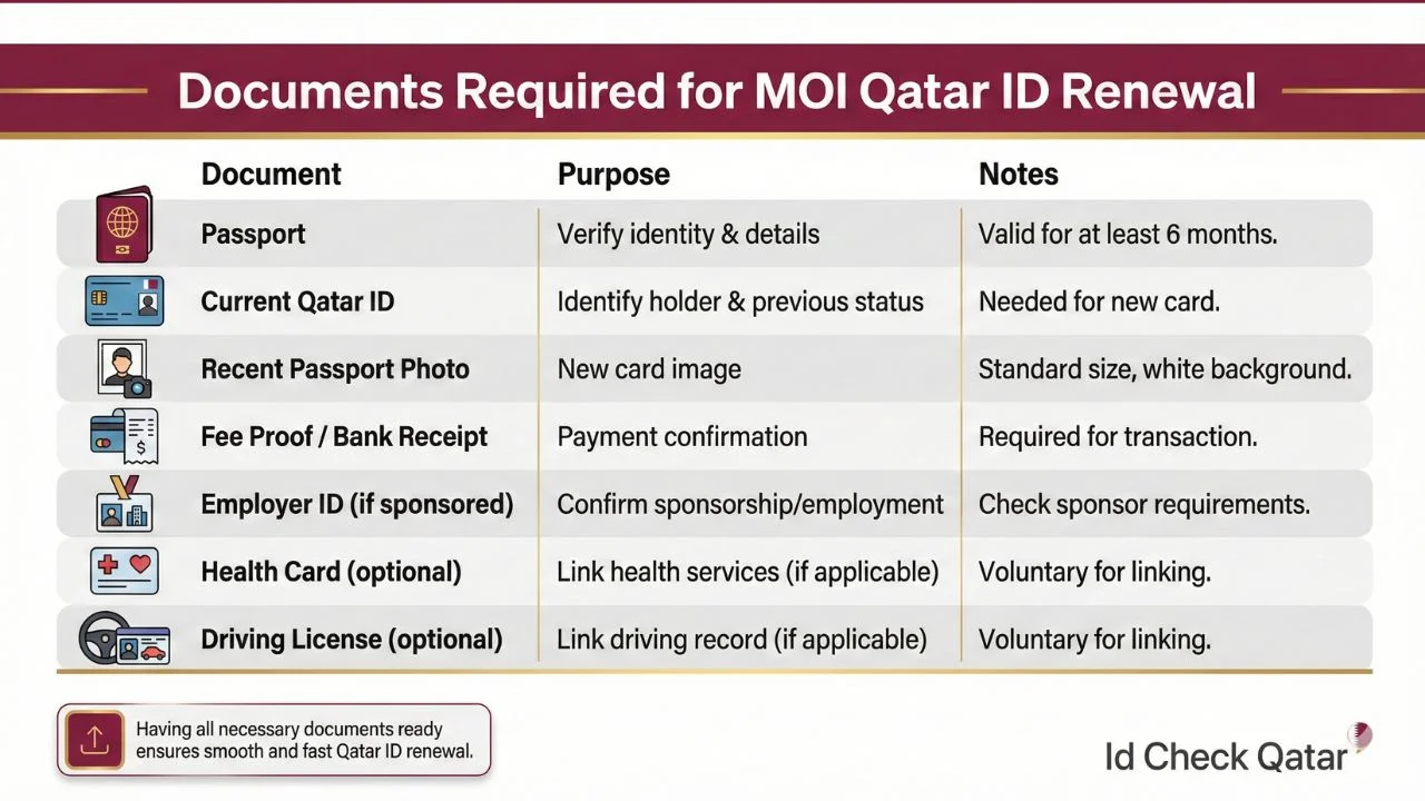 Infographic showing all documents required for MOI Qatar ID renewal in Qatar including valid passport, current Qatar ID, recent photos, fee proof, employer ID for sponsored workers, health card, and driving license, with clear table layout and Id Check Qatar branding.