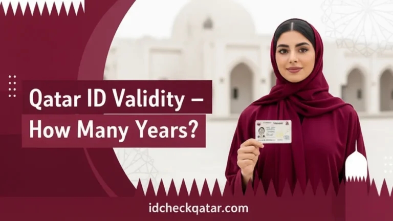 Qatari man holding a Qatar ID card with the text How Many Years is a Qatar ID Valid? and idcheckqatar.com branding, in maroon and white colors.