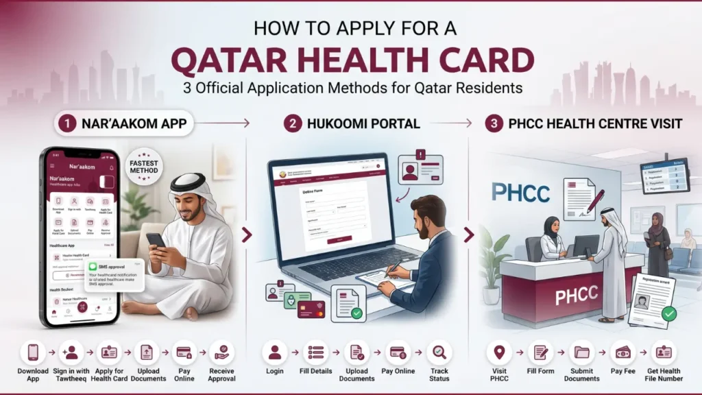 Step-by-step infographic explaining how to apply for a Qatar Health Card through the Nar’aakom app, Hukoomi portal, or PHCC health centre visit in Qatar.