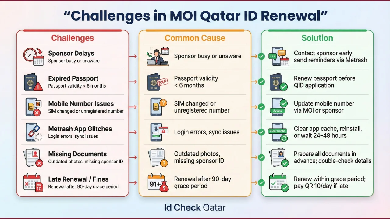 Infographic showing common challenges in MOI Qatar ID renewal for Qatar residents, including sponsor delays, expired passport, mobile number issues, Metrash app glitches, missing documents, and late renewal fines, with causes and practical solutions. Id Check Qatar branding at the bottom.