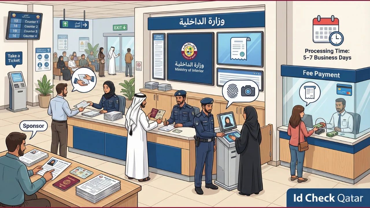 Expatriates and Qatari citizens renewing their Qatar ID at an MOI service center, submitting documents, completing biometric updates, and paying fees. Step-by-step offline QID renewal process in Qatar with staff assistance. Id Check Qatar branding visible.