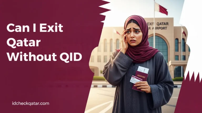 Stressed Arab woman in abaya holding passport and documents outside Qatar airport, symbolizing confusion and legal concerns about can I exit Qatar without QID in 2025