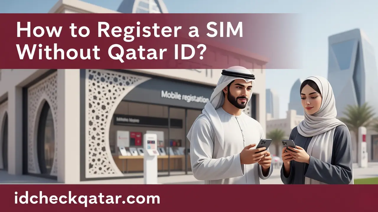 Arab man and woman registering a SIM without Qatar ID outside a mobile shop in Qatar, with the title 'How to Register a SIM Without Qatar ID' and idcheckqatar.com branding.