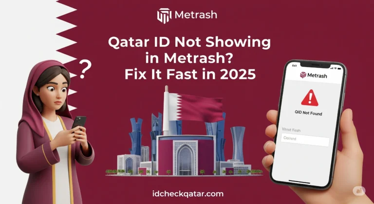 3D illustration of Qatari woman confused while checking Metrash app with QID not found error, Doha skyline in background, and text “Qatar ID Not Showing in Metrash? Fix It Fast in 2025” in Qatar flag colors.