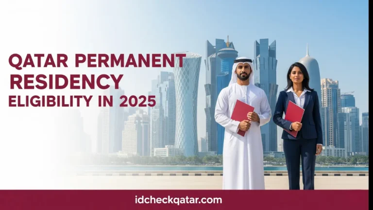 Professional Middle Eastern man in traditional attire and businesswoman in suit holding documents, standing in front of Doha skyline with bold text Qatar Permanent Residency Eligibility in 2025 and idcheckqatar.com branding — official visual for Qatar PR eligibility guide.