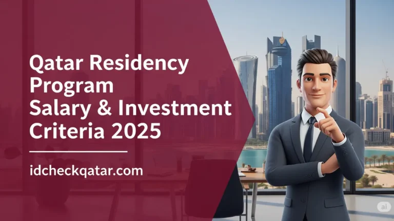 3D professional character standing in front of Doha skyline with embedded text showing Qatar Residency Program Salary and Investment Criteria 2025 by idcheckqatar.com
