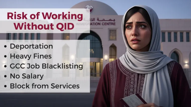 Can You Work in Qatar Without Qatar ID? (Easy 2025 Guide) 2 A concerned Arab woman wearing a hijab stands outside a Qatar immigration center, holding official documents. The image features a bold title 'Risk of Working Without QID' with a list of consequences: Deportation, Heavy Fines, GCC Job Blacklisting, No Salary, and Block from Services. The design uses burgundy and white colors inspired by the Qatar flag.