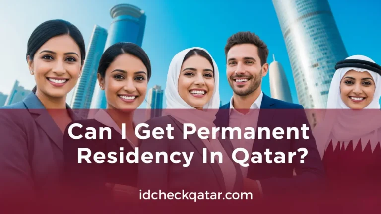 A group of professional expats smiling in front of modern Doha skyline, with text "Can I Get Permanent Residency in Qatar?" in Qatar flag color and idcheckqatar.com branding at the bottom.