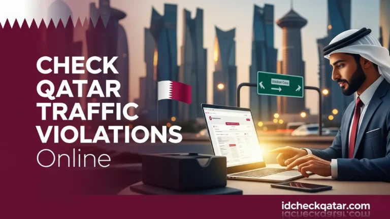 Qatari man checking MOI traffic violations online on laptop with Doha skyline in background – Check Qatar Traffic Violations Online 2025