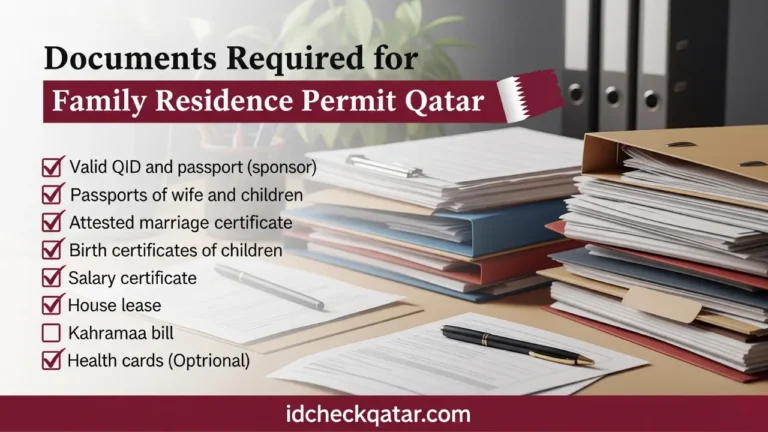 Family Residence Permit Qatar – Sponsor Your Wife & Kids (2025) 2 Checklist of documents for family residence permit qatar including QID, passport, marriage certificate, salary certificate, and house lease