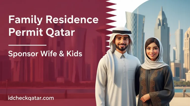 3D Qatari couple standing in front of Doha skyline with text Family Residence Permit Qatar – Sponsor Wife & Kids, idcheckqatar.com branding