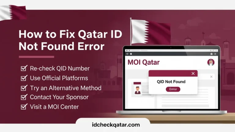 Qatar ID Not Found Error – How to Fix It in 2025 3 Checklist showing how to fix Qatar ID not found error in 2025 using MOI Qatar portal — recheck ID, use official platforms, visit MOI center