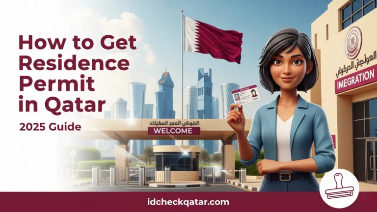 woman holding a Qatar ID card in front of an immigration building with Doha skyline and Qatar flag, promoting how to get residence permit in Qatar – 2025 guide.