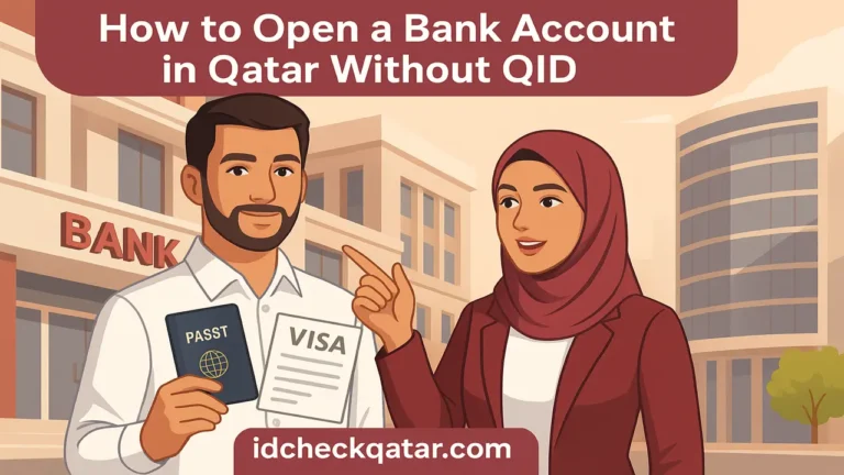 Two expats outside a modern bank in Qatar, holding passport and visa, illustrating how to open a bank account in Qatar without QID, with idcheckqatar.com branding.
