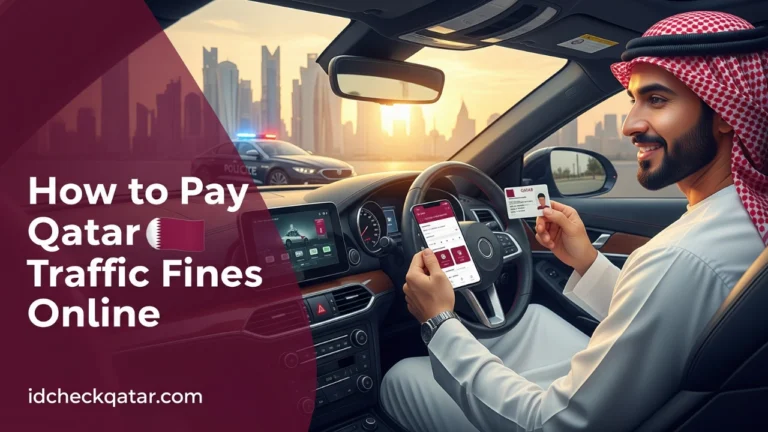 A realistic Arab man in a car using a smartphone to pay Qatar traffic fines online through the MOI portal, holding a Qatar ID card, with city skyline and police car in the background; title text “How to Pay Qatar Traffic Fines Online” and idcheckqatar.com branding in Qatar flag colors.