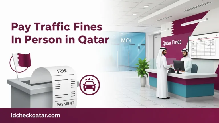 Modern MOI service center in Qatar where a person is paying a traffic fine in person at the payment counter, featuring Qatar flag, car icon, and fine receipt.
