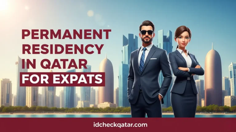 Permanent Residency in Qatar for Expats 2025 featured image with professional expat man and woman in business attire, Doha skyline background, maroon text color with idcheckqatar.com branding
