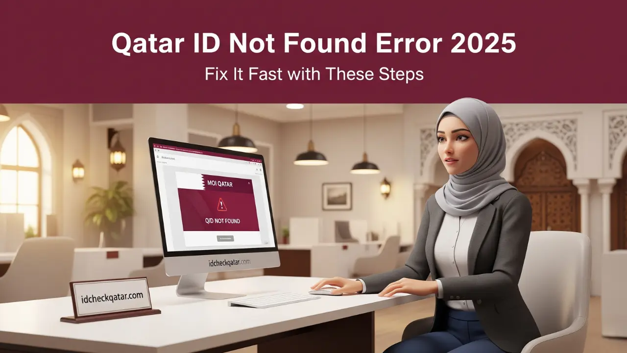 Realistic woman checking Qatar ID on MOI portal with QID not found error in 2025 — how to fix the issue step-by-step using idcheckqatar.com