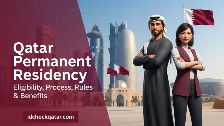 3D illustration of expats standing in front of Doha skyline with Qatari flags, representing Qatar permanent residency 2025 eligibility, process, and benefits