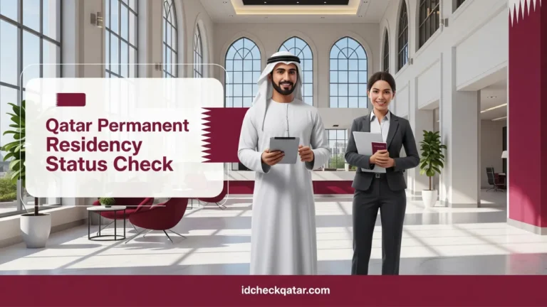3D illustration of a Qatari man and an expatriate woman inside a modern Qatar government office, holding documents, with the text Qatar Permanent Residency Status Check in maroon and white colors, and idcheckqatar.com branding at the bottom.