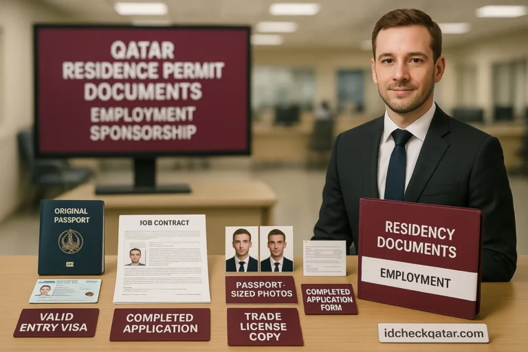 Residence Permit Qatar Requirements – Documents, Sponsor & Rules 2 A confident expat man in formal attire stands beside a desk displaying required documents for Qatar residence permit under employment sponsorship, including original passport, entry visa, job contract, passport-sized photos, trade license copy, and completed application form, with a maroon folder labeled “Residency Documents – Employment” and a background screen showing “Qatar Residence Permit Documents – Employment Sponsorship” inside an MOI office setting; idcheckqatar.com visible on the desk.