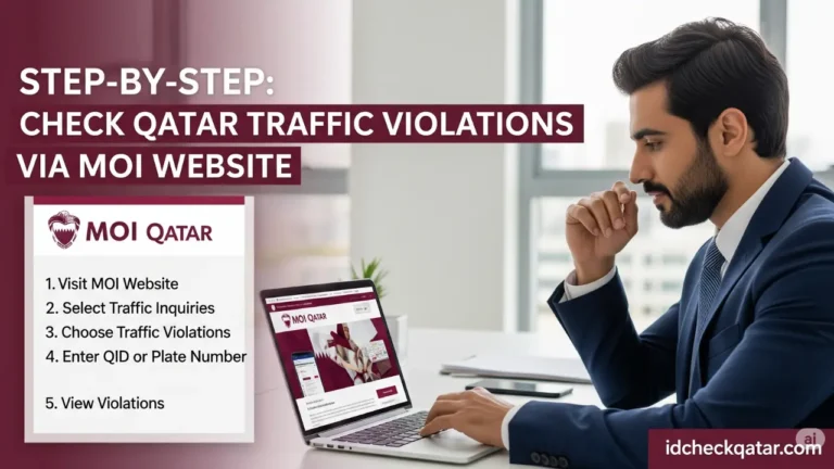 Check Qatar Traffic Violations Online (2025) – MOI Portal Guide 2 Qatari man using laptop to check traffic violations via MOI Qatar website – Step-by-step guide showing how to enter QID or plate number online