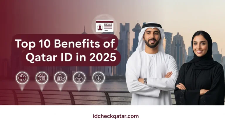 Arab man and woman in traditional Qatari clothing with Doha skyline behind them, highlighting the top 10 benefits of Qatar ID in 2025, with icons for healthcare, banking, travel, and security; branded with idcheckqatar.com.