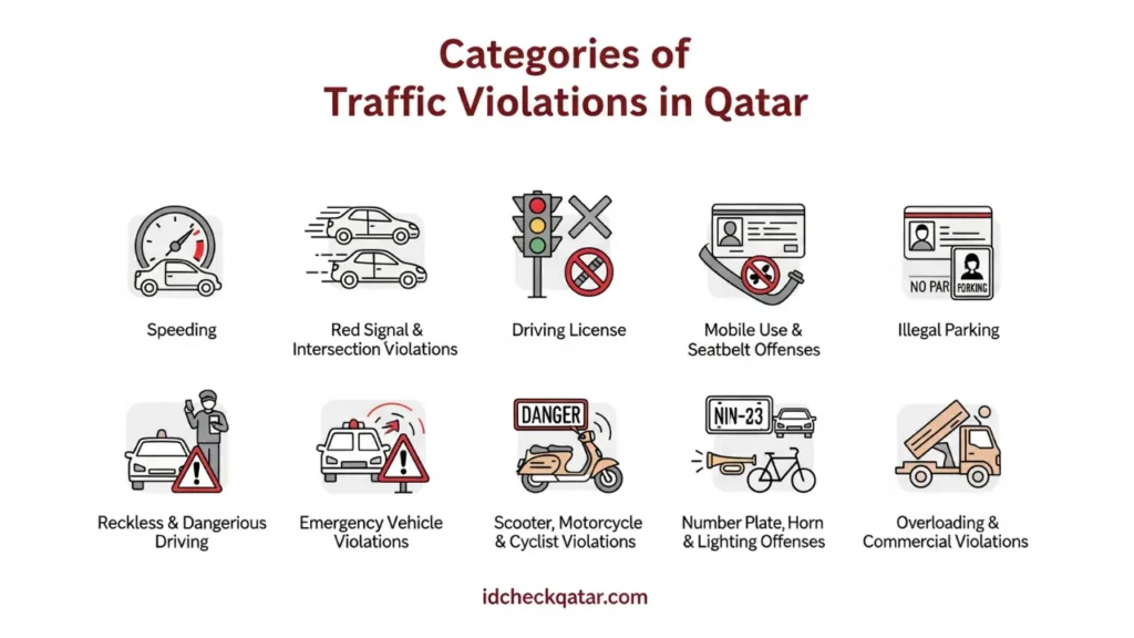 Infographic showing 10 categories of traffic violations in Qatar including speeding, red signal, seatbelt, parking, and overloading offenses – idcheckqatar.com