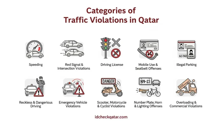 MOI Qatar Traffic Violation List – Complete Fine & Black Point System in 2025 2 Infographic showing 10 categories of traffic violations in Qatar including speeding, red signal, seatbelt, parking, and overloading offenses – idcheckqatar.com
