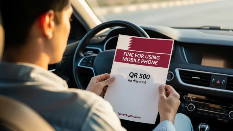 A driver inside a car holding a paper that shows the fine for using mobile phone while driving in Qatar 2025, highlighting QR 500 penalty with no discount, idcheckqatar.com branding at the bottom.