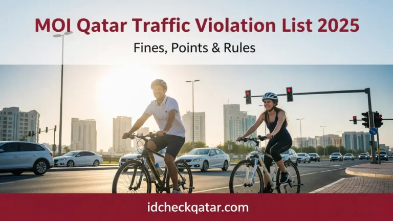 MOI Qatar Traffic Violation List 2025 cover image showing cyclists crossing at red signal with urban traffic background – idcheckqatar.com