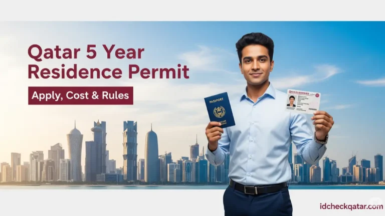 A young expat man in casual business attire holding a passport and Qatar residence permit card, standing with the Doha skyline in the background. The text “Qatar 5 Year Residence Permit – Apply, Cost & Rules” appears in bold maroon color, with idcheckqatar.com branding at the bottom.