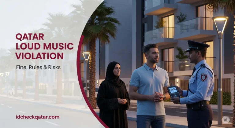 A Qatari police officer issuing a loud music violation fine to a confused male driver at night, with a female companion beside him on a Qatar city street; text reads 'Qatar Loud Music Violation 2025 – Fine, Rules & Risks' with idcheckqatar.com branding