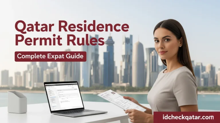 Expat woman holding Qatar residence permit document with Doha skyline in background, featuring text Qatar Residence Permit Rules – Complete Expat Guide with idcheckqatar.com branding.