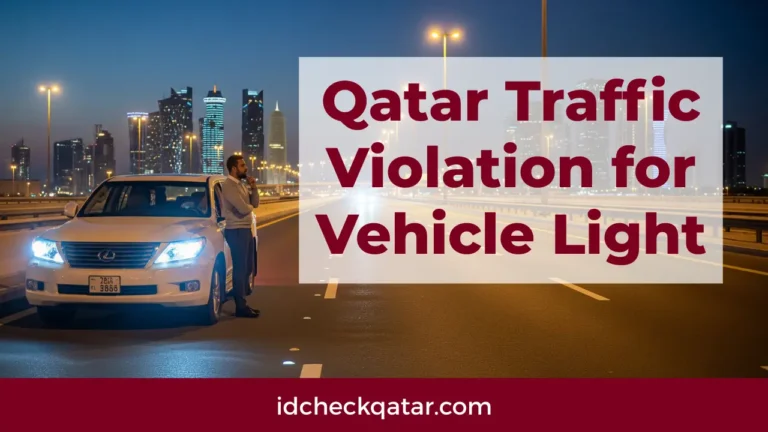 Qatar Traffic Violation for Vehicle Light – man standing beside a white car with headlights on along Doha city highway at night, with title text in maroon and idcheckqatar.com branding.