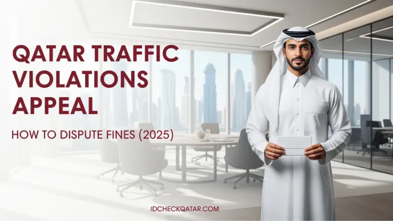 Confident Qatari man in a modern office holding a traffic fine paper, with maroon text displaying ‘Qatar Traffic Violations Appeal – How to Dispute Fines (2025)’ and idcheckqatar.com branding