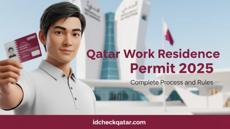3D illustration of an expat holding a Qatar ID card in front of MOI building with text “Qatar Work Residence Permit 2025 – Complete Process and Rules” and idcheckqatar.com branding.