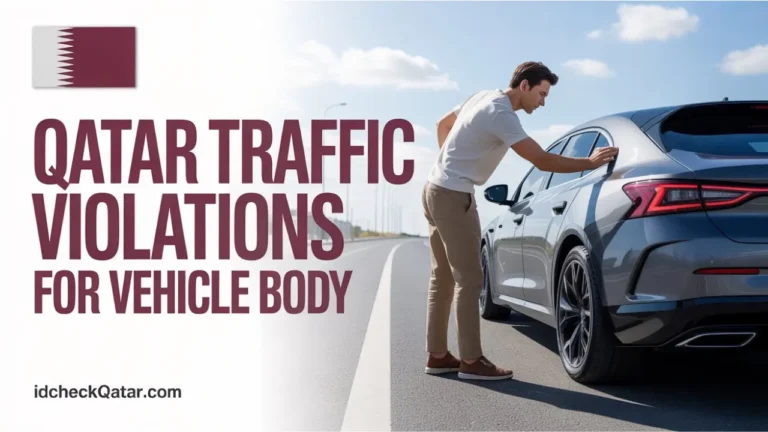 Qatar Traffic Violations for Vehicle Body feature image showing a man inspecting a car’s body on the road with maroon title text and idcheckqatar.com branding.