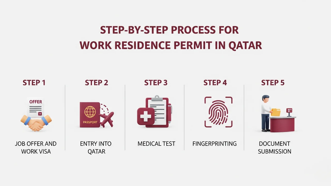 Qatar Work Residence Permit 2025 – Complete Process & Rules 2 Infographic showing step-by-step process for Qatar work residence permit in 2025, including job offer, entry visa, medical test, fingerprinting, and document submission.