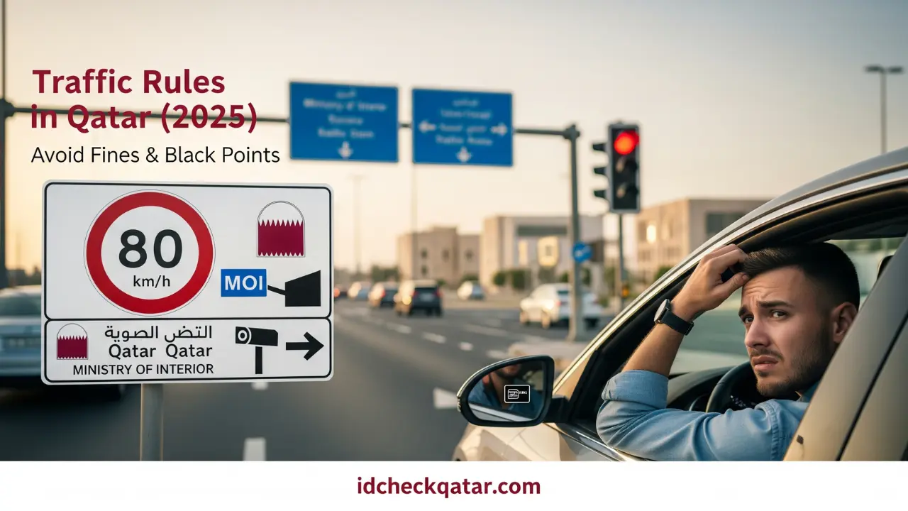 Confused driver at red signal in Qatar with MOI road signs and 80 km/h speed limit, representing traffic rules in Qatar 2025 and how to avoid fines and black points