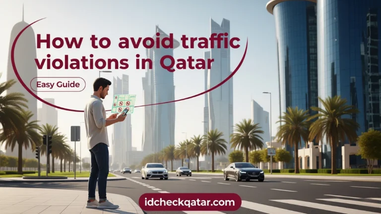 Worried man standing in Doha street checking phone with traffic sign overlay, titled How to Avoid Traffic Violations in Qatar – Easy Guide, with idcheckqatar.com branding