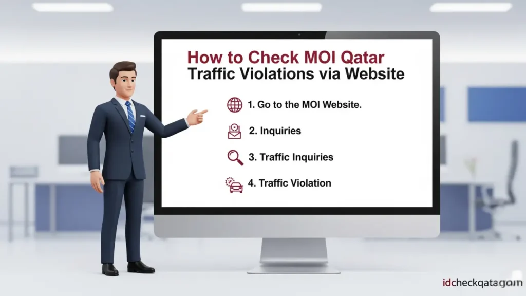 Step-by-step guide on how to check MOI Qatar traffic violations online via the official MOI website, showing instructions and icons.