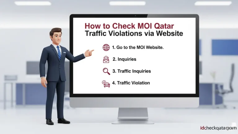 MOI Qatar Traffic Violations - Check Qatar Traffic Fines 2 Step-by-step guide on how to check MOI Qatar traffic violations online via the official MOI website, showing instructions and icons.