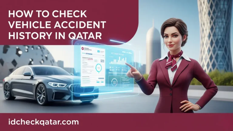 Realistic 3D illustration of a woman in maroon attire standing beside a luxury car in Doha, Qatar, viewing a digital accident history report hologram, with integrated text reading “How to Check Vehicle Accident History in Qatar” and idcheckqatar.com for branding.
