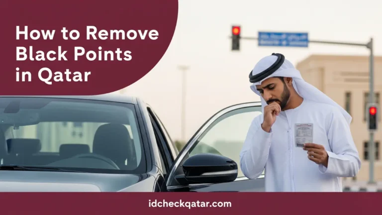 Worried Qatari man in white thobe standing beside car holding traffic violation paper with red light in background, blog feature image for How to Remove Black Points in Qatar 2025 on idcheckqatar.com