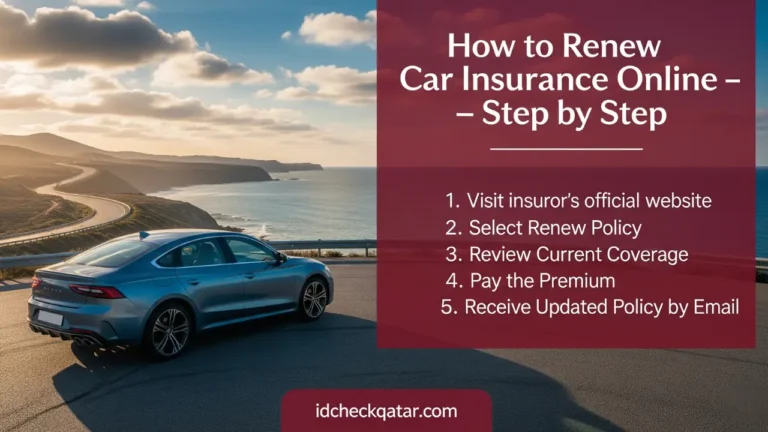 How to Renew Car Insurance in Qatar – 2025 Guide 2 Step-by-step guide on how to renew car insurance in Qatar online – showing renewal process steps for paying premium and updating Istimara, idcheckqatar.com branding.